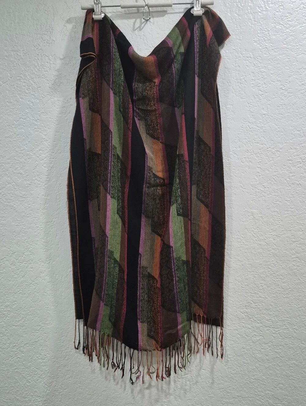 Boho Cashmere Silk Striped Pashmina Fringe Wrap Scarf Oversized Evening Shawl